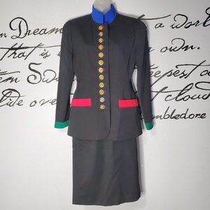 Vintage 80s Bloomingdale's Black Wool Skirt Suit |Military Style | Multicolor, 8